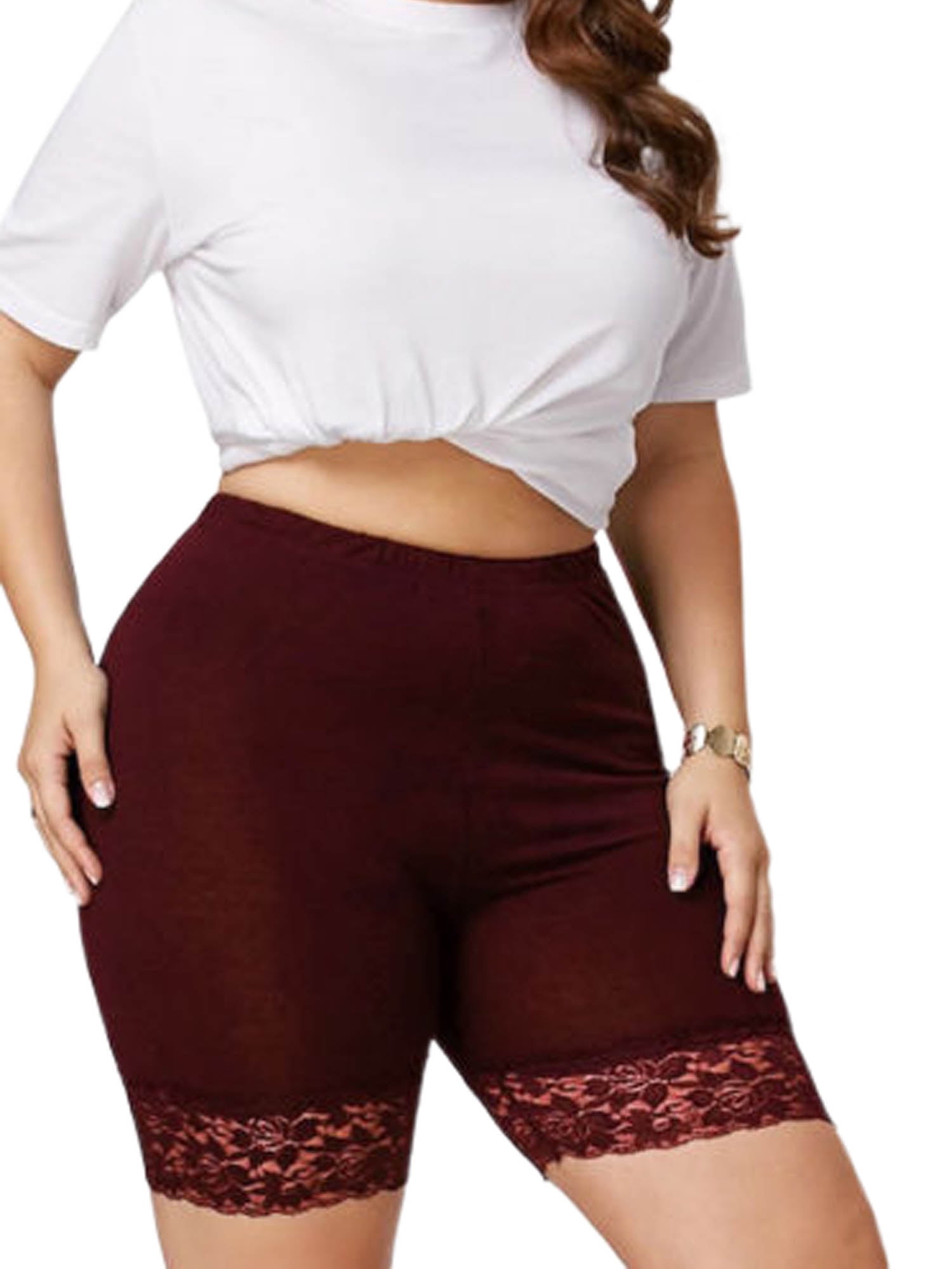 Imcute Women Plus Size Lace Stretch Safety Shorts Leggings Gym Tights  Active Shorts Cycling Hot Pants Wine Red XXXL