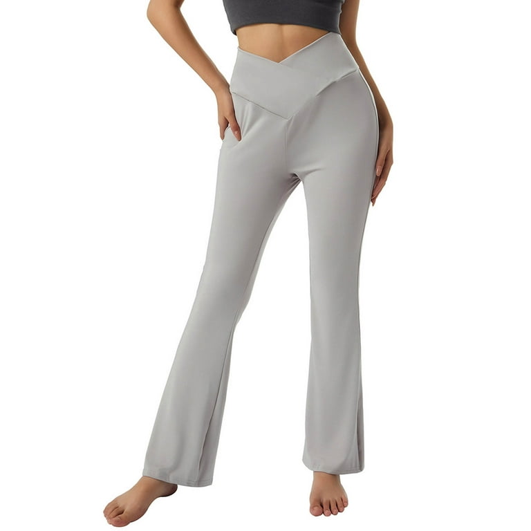 Imcute Women's Yoga Pants Leggings High Waisted Wide Leg Yoga Flare Pants  Tummy Control Workout Running Pants Light Gray XL 