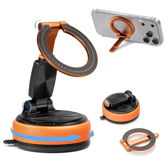 Imego 15W Magnetic Wireless Car Charger, 360 Suction Dashboard Windshield Mount Compatible for iPhone 12-17,Orange