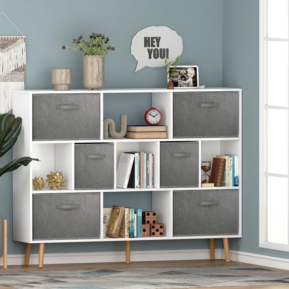 Imerelez 4-Tier Wooden Bookcase, 6 Non-woven Drawer & 6 Cube Storage Organizer Bookshelves, Bookcases with Solid Wood Legs, Free Standing Book Shelf for Home Office, Living Room, White