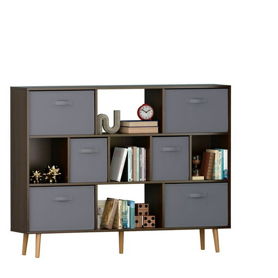 Imerelez 4-layer 11-compartment bookshelf with high legs and 6 non-woven drawers, MDF with triamine sticker