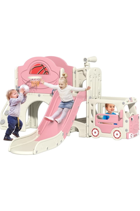 9 in 1 Toddler Slide, Bus-Themed Kids Slide and Climber Playset with Basketball Hoop, Ring-Toss, Car Playhouse, Telescope, Freestanding Indoor and Outdoor Playground for Baby Age 3