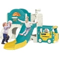 thumbnail image 1 of Imerelez 9-in-1 Kids Slide Playset, Bus-Themed Freestanding Castle Climbing Playhouse with Slide, Arch Tunnel, Ring Toss, Basketball Hoop, Storage Space, Blue + White, 1 of 1