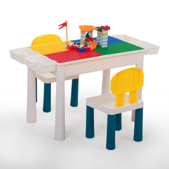 Imerelez All-in-One Kids Table and Chairs Set with 100PCS Marble Run Preschool Classroom Must Haves Multi Activity Toddler Table Kids Building Blocks Toys for Kids Ages 3+