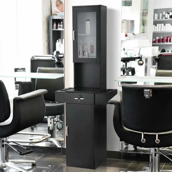 Imerelez Beauty Salon Barber Station,Wall Mounted Hair Styling Salon Station with 3-Tier Shelf,Hair Salon Spa Equipment with Storage and Cabinet,Black