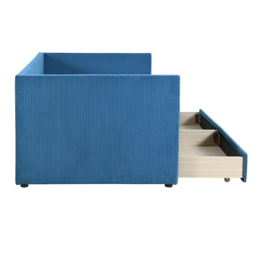 Imerelez Blue Corduroy Twin Size Daybed with Two Drawers and Wood Slat