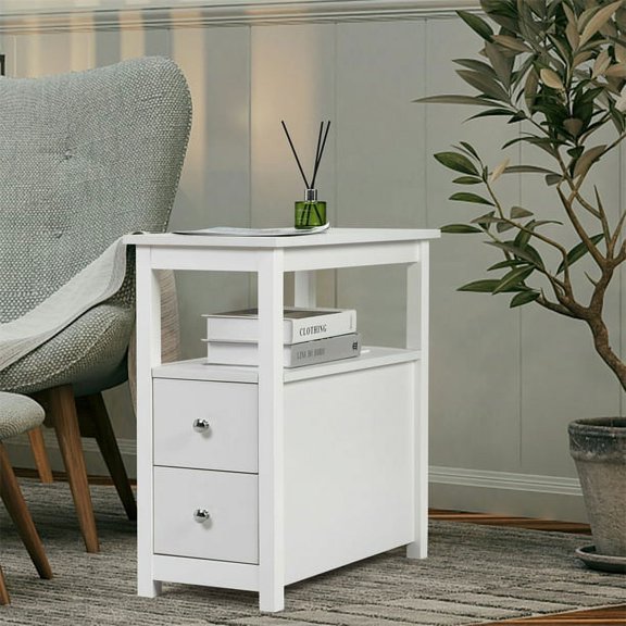 Imerelez End Table with Charging Station, Narrow Sofa Side Table, Wooden Nightstand, Bedroom Living Room Furniture, White