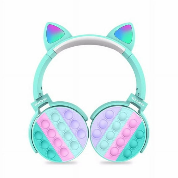 Imerelez Fidget Headphones Kids Toy Headset, Wireless Bluetooth Headphone Pop Bubble On-Ear Headphone Fidget Toy Rainbow Color Fidget Headset for Children Adults (Cyan-Cat)