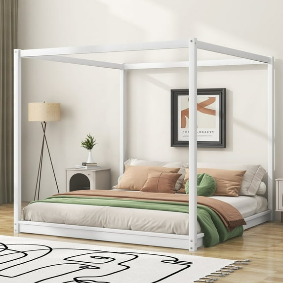 Imerelez King Size Canopy Platform Bed with Support Legs,White