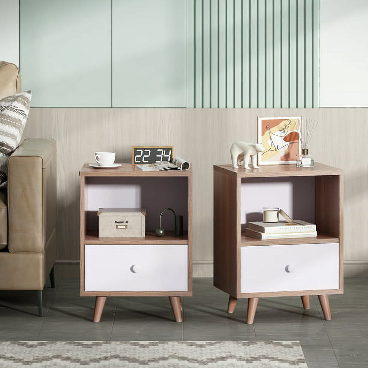 Mid-Century Wood Nightstand Set of 2, Bed Sofa Side Table with Drawer and Shelf, Modern End Table for Living Room Bedroom Office main image 1