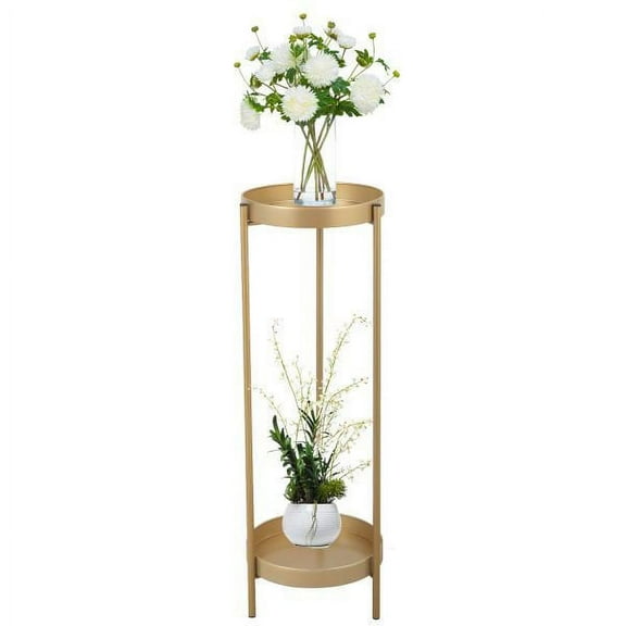 Imerelez Modern Folding Metal 2-Tier Plant Stand Potted Plant Holder Shelf with 2 Round Trays Indoor Outdoor, Versatile, Golden