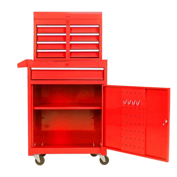Imerelez Tool Chest with Detachable 5 Drawer, Wheels, Bottom Cabinet, and One Adjustable Shelf - Red