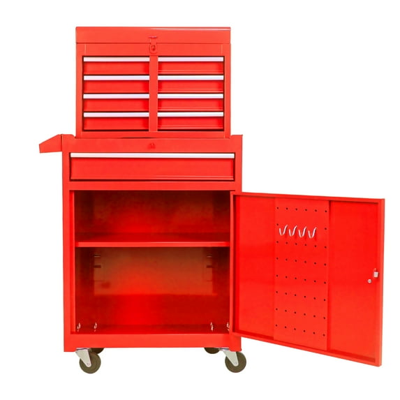 Imerelez Tool Chest with Detachable 5 Drawer, Wheels, Bottom Cabinet, and One Adjustable Shelf - Red