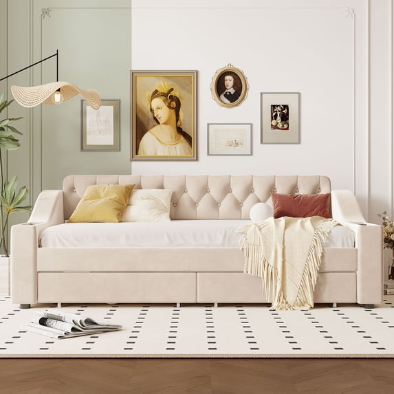 Imerelez Twin Size Upholstered Daybed with Storage Armrests and USB Port, Beige