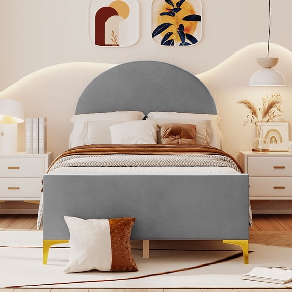 Imerelez Twin Size Upholstered Platform Bed with Easy Assembly, Classic Semi-circle Shaped Headboard, Metal Legs - Gray Velvet