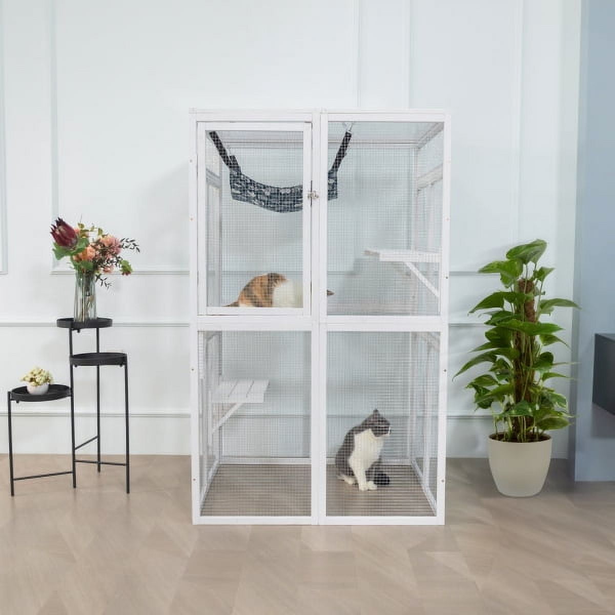 Imerelez Wooden Cat Catio, Outdoor Cat Enclosure, Cat House with Platforms, Sunshine Board, Hammock, Door, Kitten Cage Condo, White