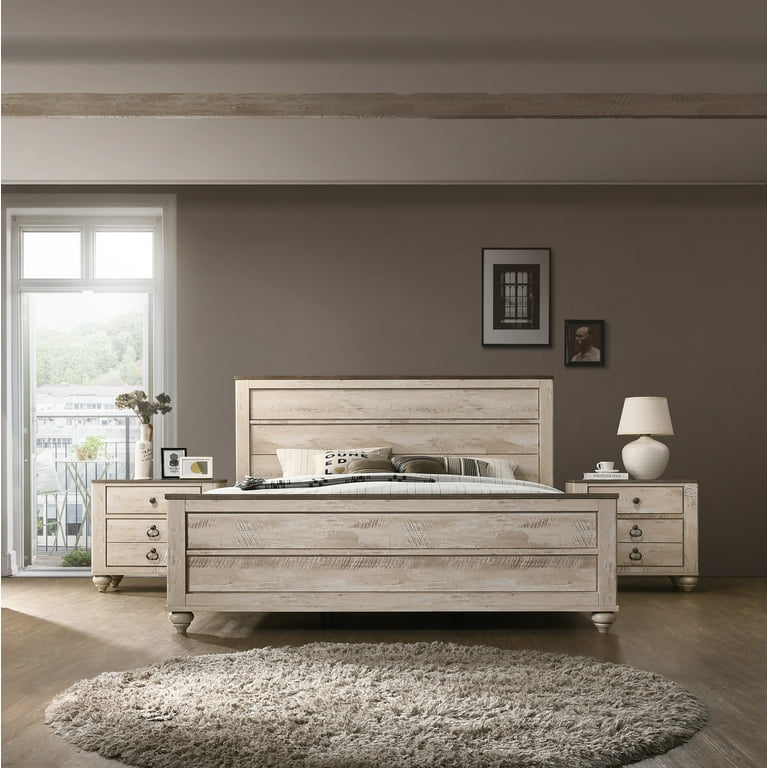Imerland Contemporary White Wash Finish 3 Piece Bedroom Set King Bed and Two Nightstands