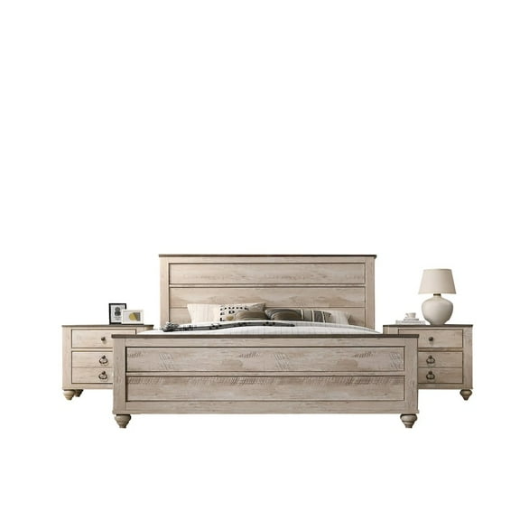 Roundhill Furniture White Wash Finish 3-Piece Bedroom Set-King Bed and Two Nightstands