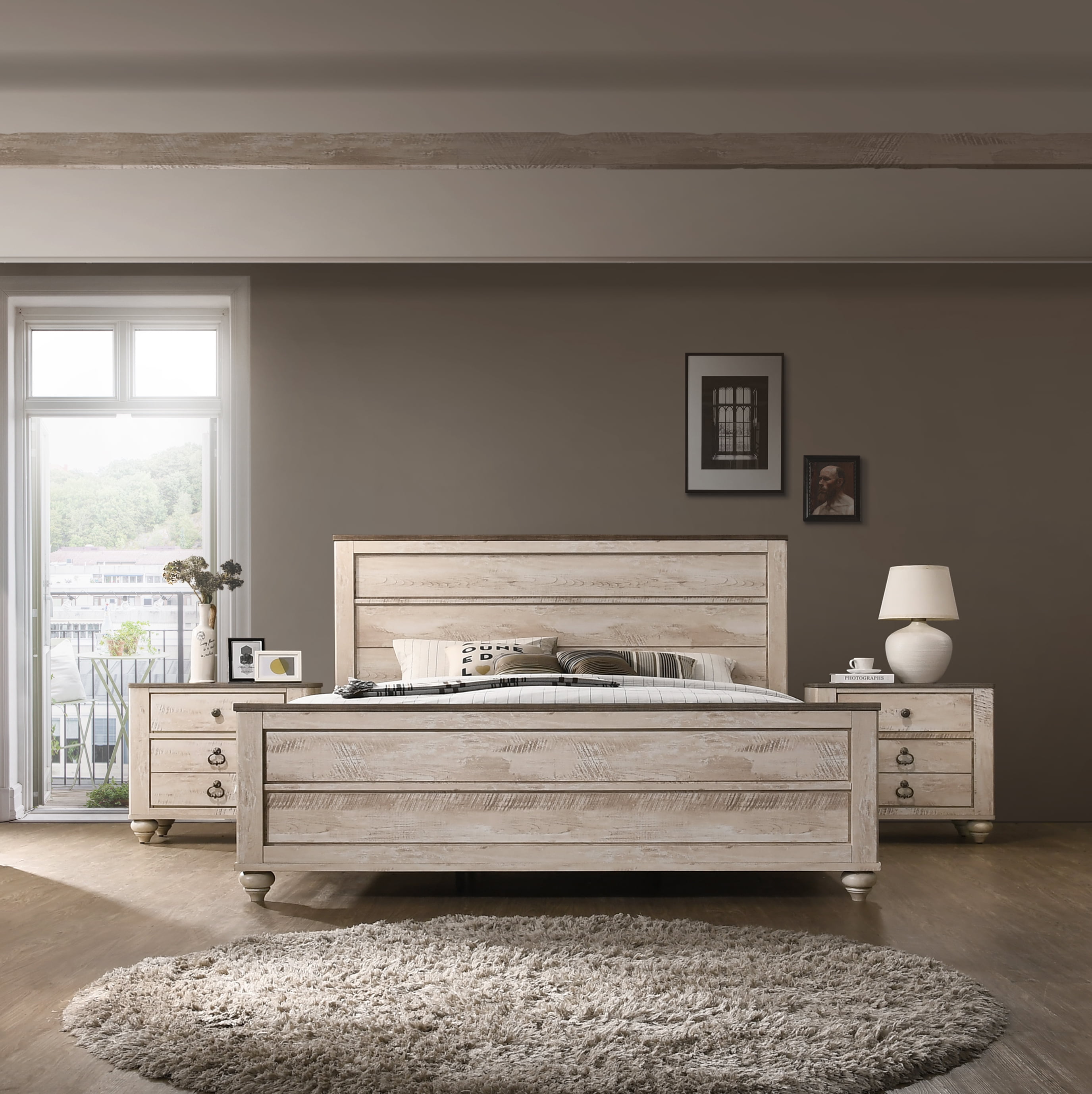 Imerland Contemporary White Wash Finish 3-Piece Bedroom Set-Queen Bed ...