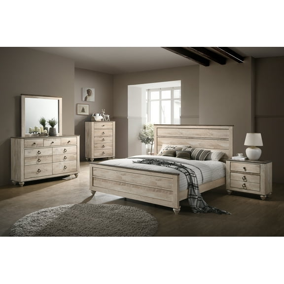 Imerland Contemporary White Wash Finish Bedroom Set, King Bed, Dresser, Mirror, Nightstand and Chest