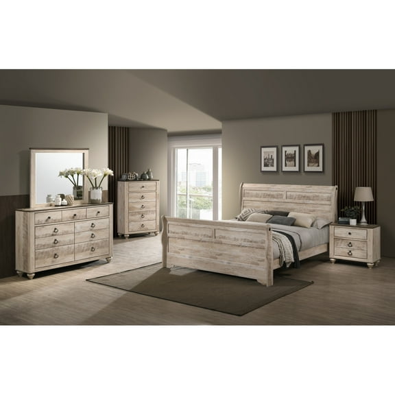 Imerland Contemporary White Wash Finish Bedroom Set with King Sleigh Bed, Dresser, Mirror, Nightstand, Chest