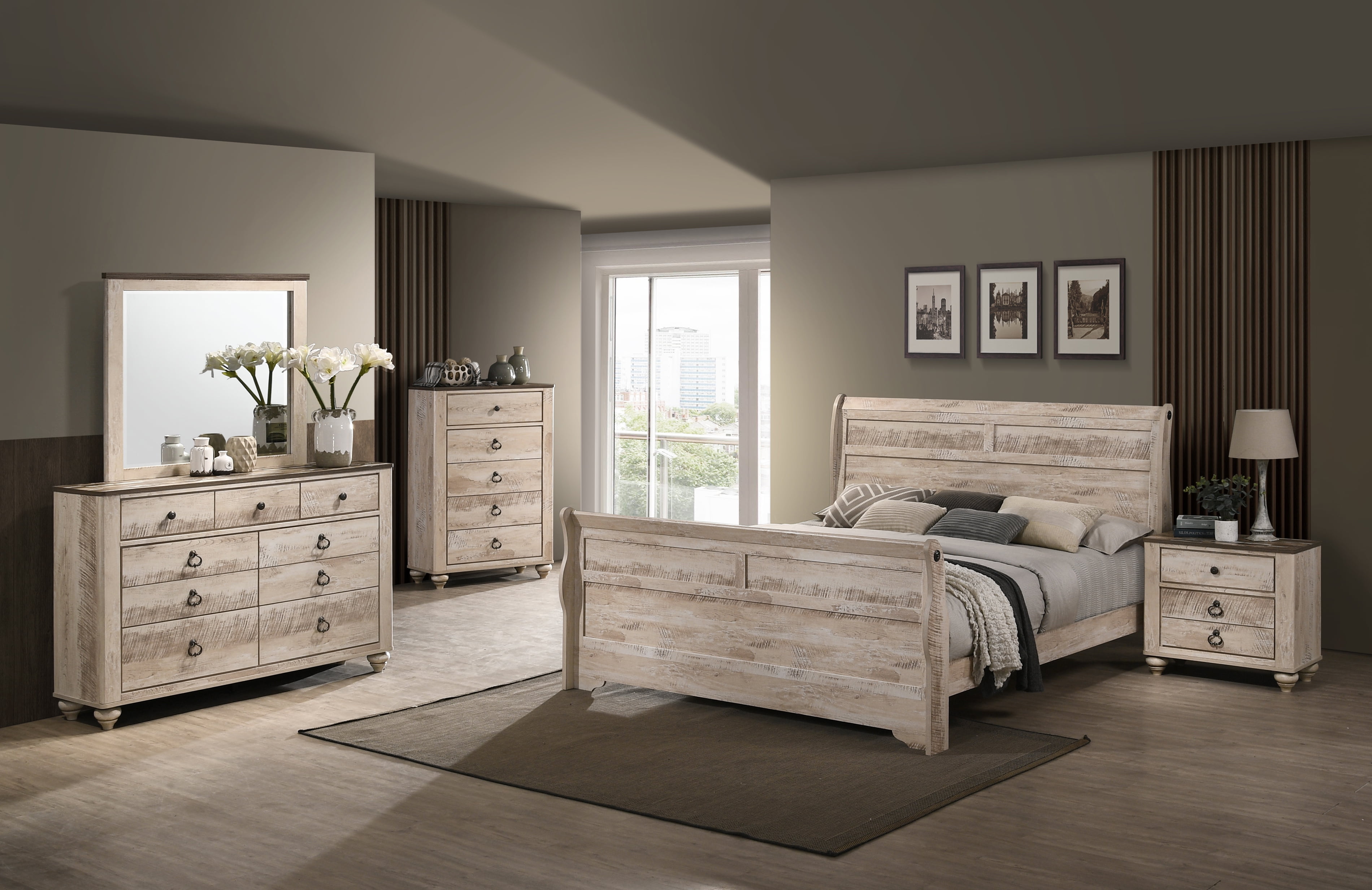 Imerland White Wash King Sleigh Bed Set with Dresser, Mirror, Nightstand, Chest