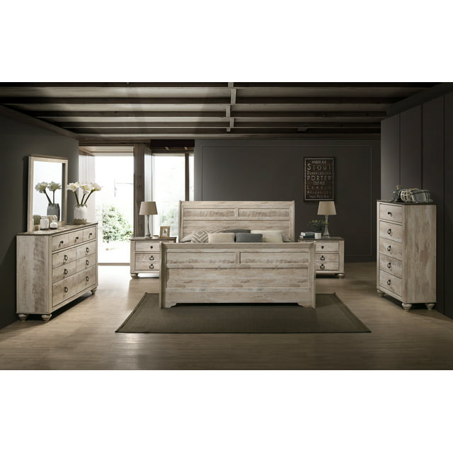 Imerland Contemporary White Wash Finish Bedroom Set with King Sleigh Bed, Dresser, Mirror, Two Nightstands, Chest