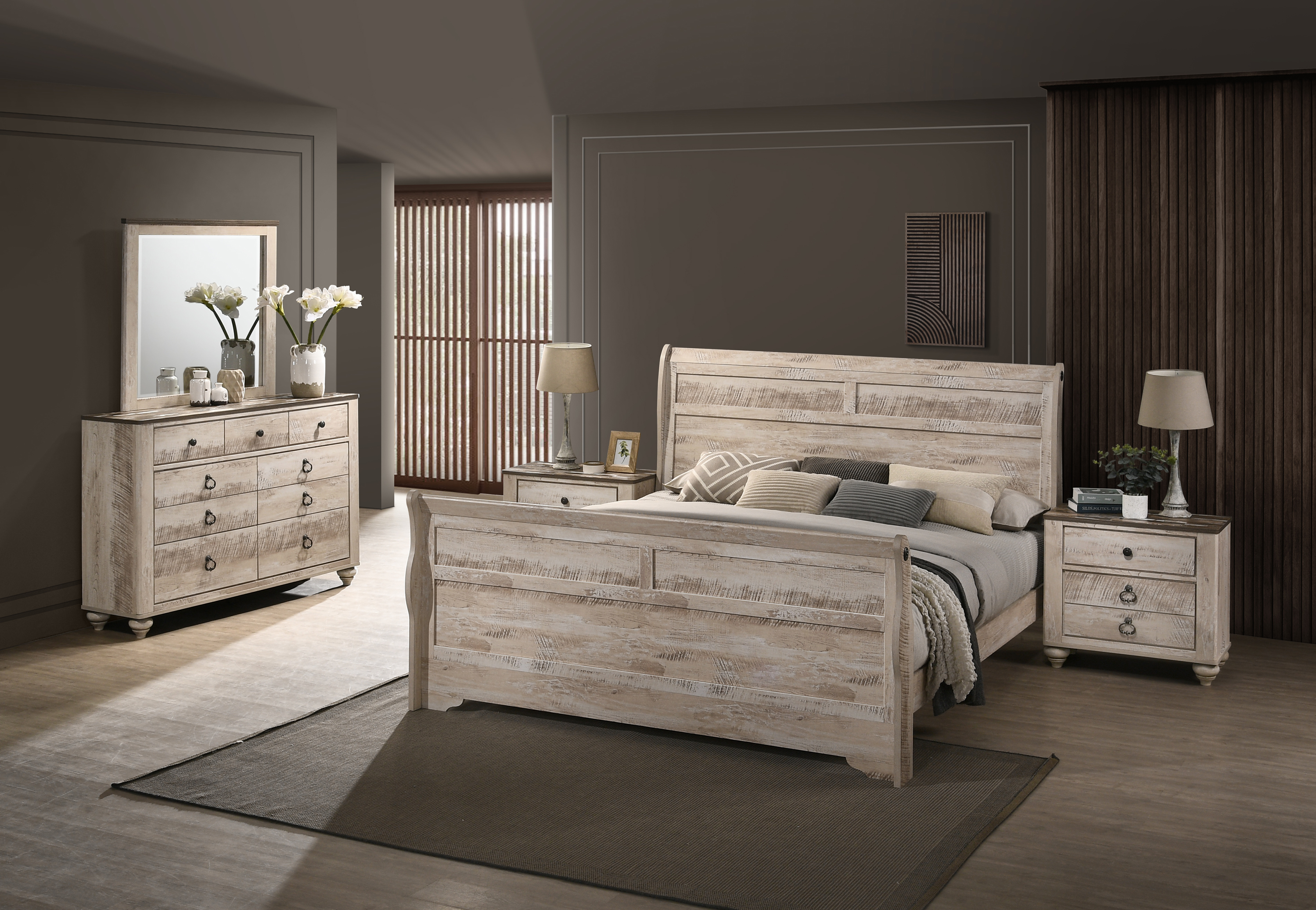 Imerland Contemporary White Wash Finish Bedroom Set with King Sleigh Bed, Dresser, Mirror, Two Nightstands - image 1 of 12