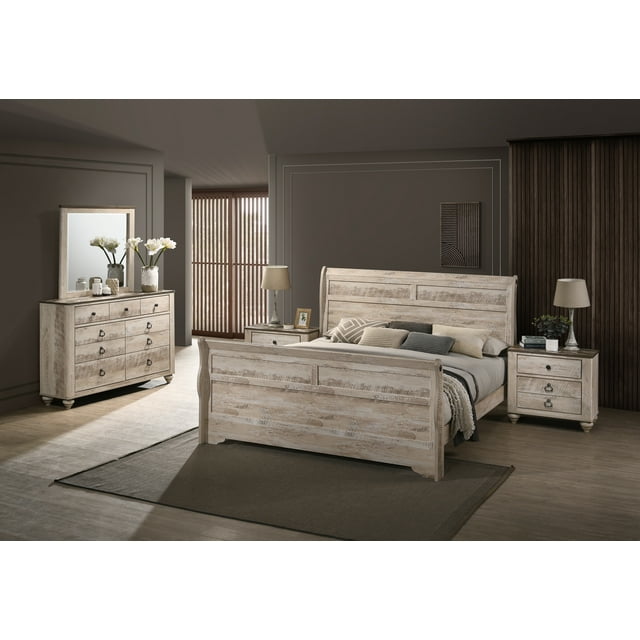 Imerland Contemporary White Wash Finish Bedroom Set with King Sleigh Bed, Dresser, Mirror, Two Nightstands
