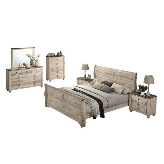 Roundhill Furniture Imerland Contemporary White Wash Finish 6PC Bedroom Set with Queen Sleigh Bed