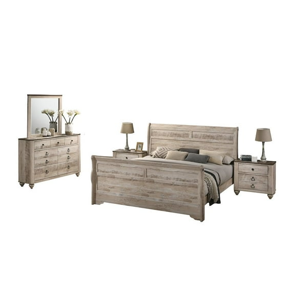 Roundhill Furniture White Wash Finish Bedroom Set with Queen Bed, Dresser, Mirror, Two Nightstands