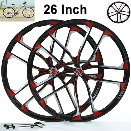Imeshbean 26 In. Bike Wheels 10 Spokes Rim Single Speed Bicycle Wheels Clincher Type Bike Wheel Disc Brake Front & Rear Set Black and Red for MTB Mountain Bike(Full Black)