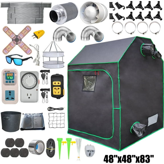 iMeshbean 48"x48"x83" Complete Roof Grow Tent Kit w/LED Full Spectrum Grow Light+Air Filter Kit+Ventilation System +Timer +Thermostat +2 Hanging Bars & Multi Tools
