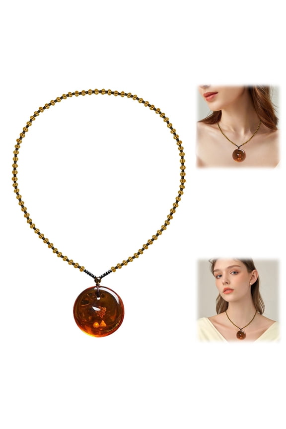 Imitation Amber Beeswax Sweater Chain Necklace with Shell and Fossil Inlay, Unisex Fashion Jewelry for Men and Women, Layering Necklace