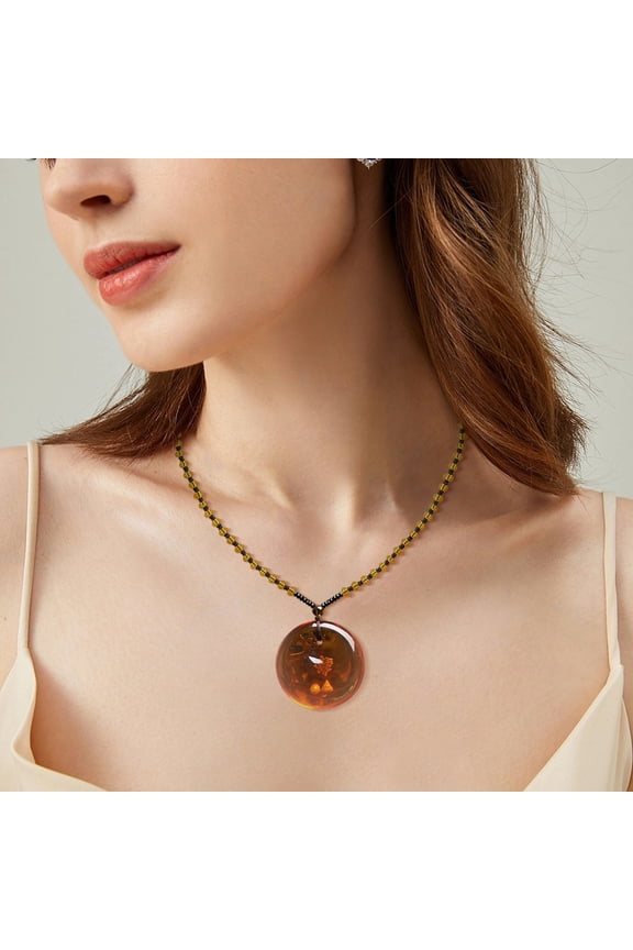 Imitation Amber Honey Beeswax Sweater Chain Necklace with Shell & Plant Fossil Inlay, Boho Chic Fashion Necklaces for Men Women, Unisex Layering Pendan