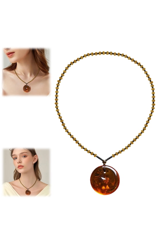 Imitation Amber Honey Beeswax Sweater Chain Necklace with Shell & Plant Fossil Inlay, Boho Chic Fashion Necklaces for Men Women, Unisex Layering Pendant