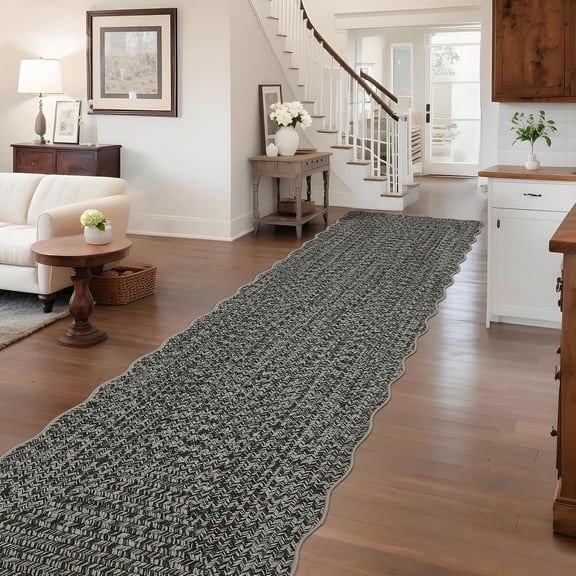 Imitation Braided Collection-Print Long Hallway Runners 2x10 Washable Area Rug, Farmhouse Rustic Bordered Area Rug Non Slip Soft Low Pile Indoor Carpet Runners for Entryways, Laundry Room