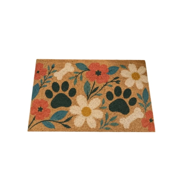 Imitation Coir Floral Dog Paw Print Doormat, Cute Pet Friendly Welcome Mat, Flower Bone Pattern Entryway Rug, Non Slip Yard Floor Decor for Front Door, Courtyard and Pet Household Entry Decoration