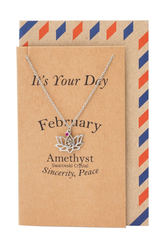 Imitation February Birthstone Lotus Flower Necklace with Om Symbol, Birthday Gifts for Women with Greeting Card