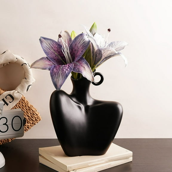 Imitation Glazed Vase White Black Ceramic-Look for Living Room TV Cabinet Dried Fresh Arrangement 20x9.5cm