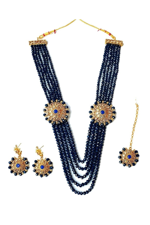Imitation Gold Jewellery Antique Traditional Stylish Ethnic Wear Gold Plated Long Rani Haar Necklace Maang Tikka Earring(NRARH2303050DBlue)
