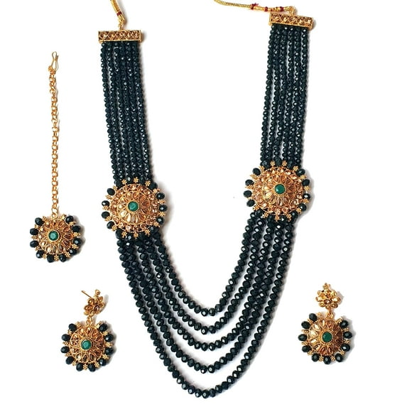 Imitation Gold Jewellery Antique Traditional Stylish Ethnic Wear Gold Plated Long Rani Haar Necklace Maang Tikka Earring(NR