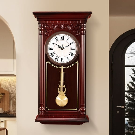 Imitation Grandfather Wood Wall Clock With Chime and Swinging Pendulum - 26in Traditional Silent Timepiece - Classic Chiming Design