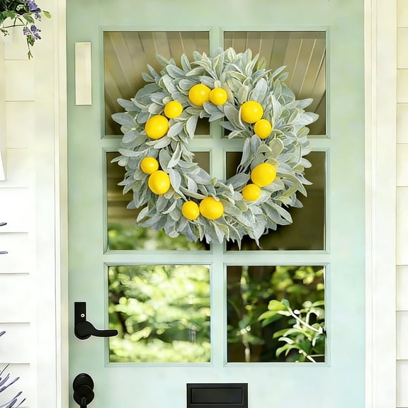 Imitation Green Lemon Vine Wreath Artificial Rabbits Ear Leaves Lemon Fruit Ring Garland Door Hanging Farmhouse Style Home Wall Window Spring Summer Indoor Outdoor Rustic Holiday Decoration