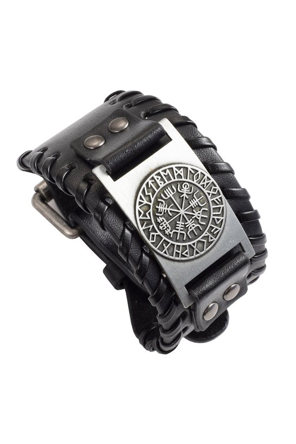 Imitation Leather Bracelets with Symbol Compass Metal Buckle for Men Black 11x1-1/2 inch(28x3.8cm)