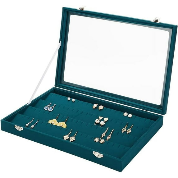 Imitation Leather Earring Display Box Teal Earring Organizer Case with Velvet Inside Cabinet Earring Collection Display Case with Clear Lid for Earrings Display Storage - 13.8x9.5x1.9 Inch