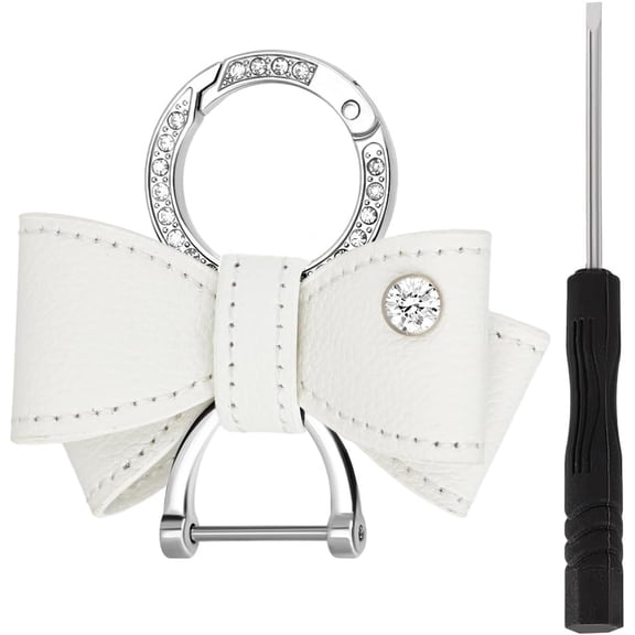 Imitation Leather Keychains with Alloy Rhinestone Findings Bowknot White 39x68x30mm