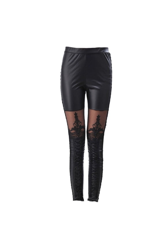 Imitation Leather Lace Splicing Leggings Women High-waisted Pants Thin Tights Pants for Women Female (Black Size M)