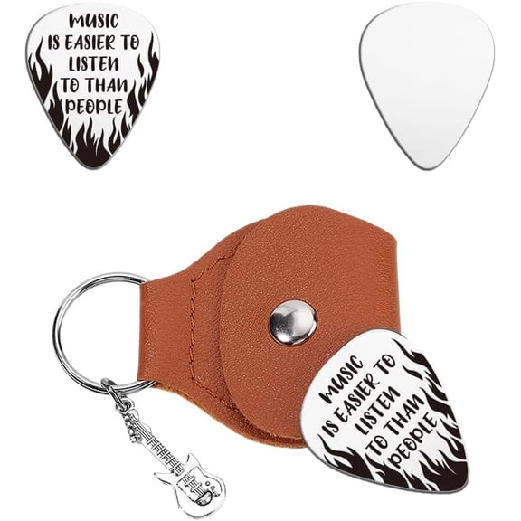 Imitation Leather Music Gifts for Guitarist Flame Script Plectrum Set Stainless Steel Guitar Picks Keychain Leather Holder Music Word Plectrum Pick