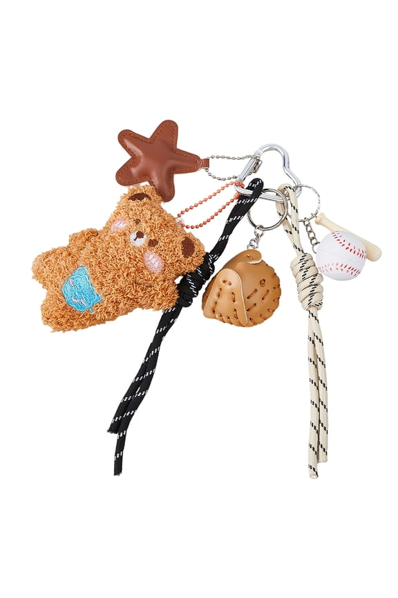 Imitation Leather Pendant Keychains Bear with Nylon Cord and Alloy Findings Platinum Chocolate 190x16mm